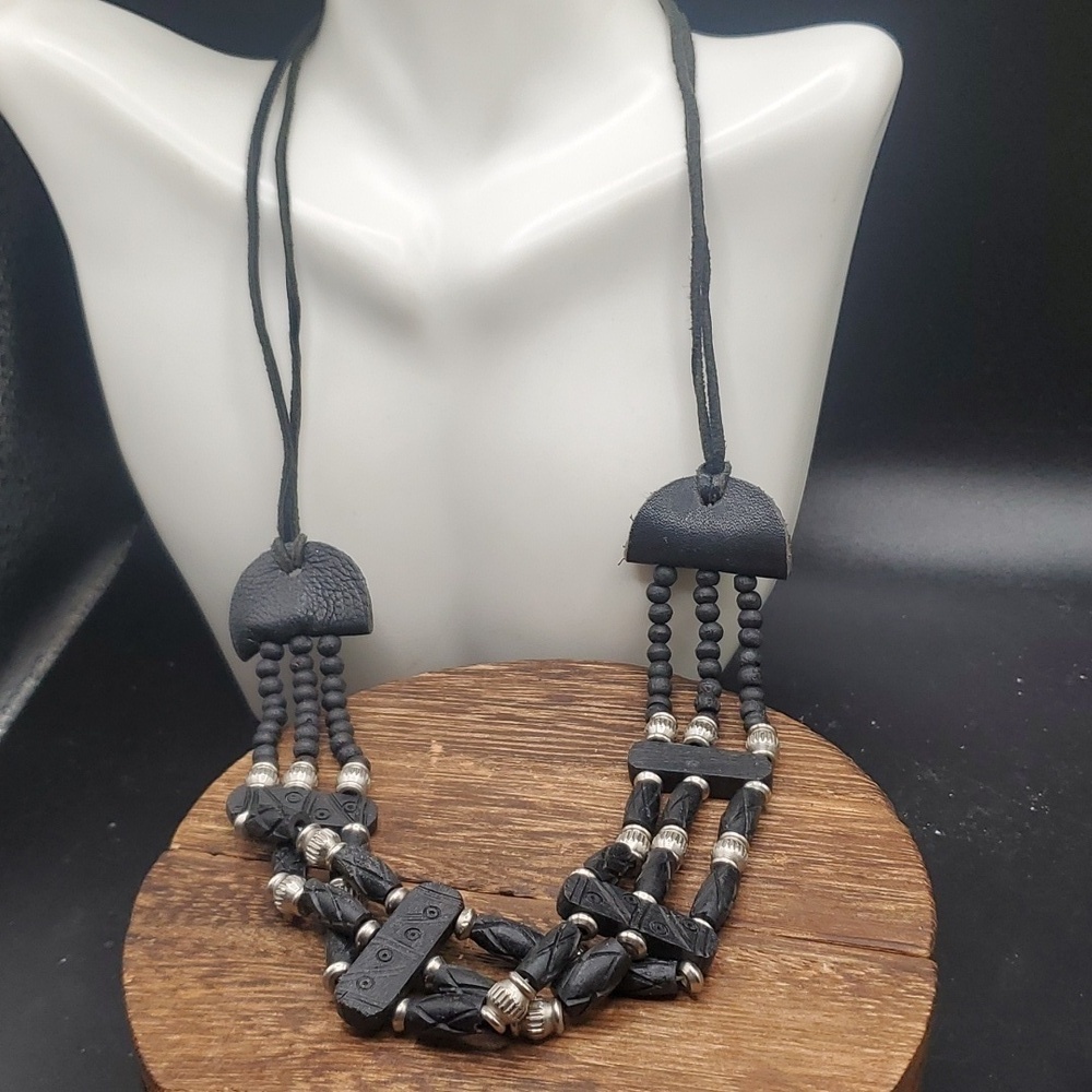 N3214 black Egyptian art deco African carved necklace brutalist